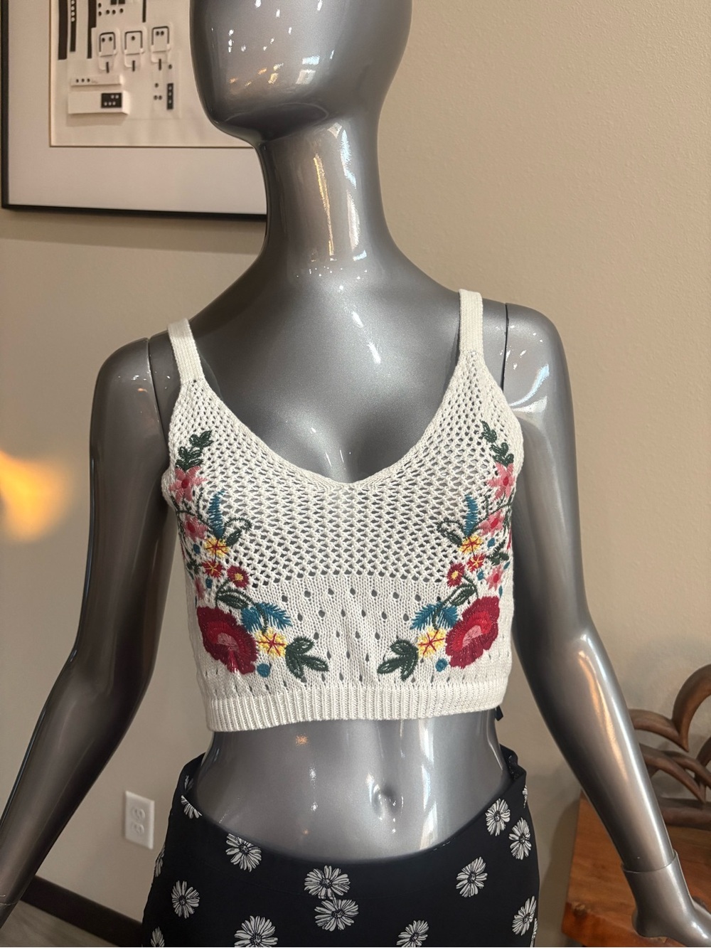Forever 21 White Crochet Crop Top with Red and Yellow Floral Embroidery